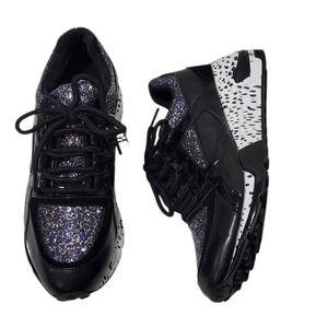 STEVE Madden Barra-G Round-Toe‎ Lace Up Platform Fashion Sneakers Black/Glitter